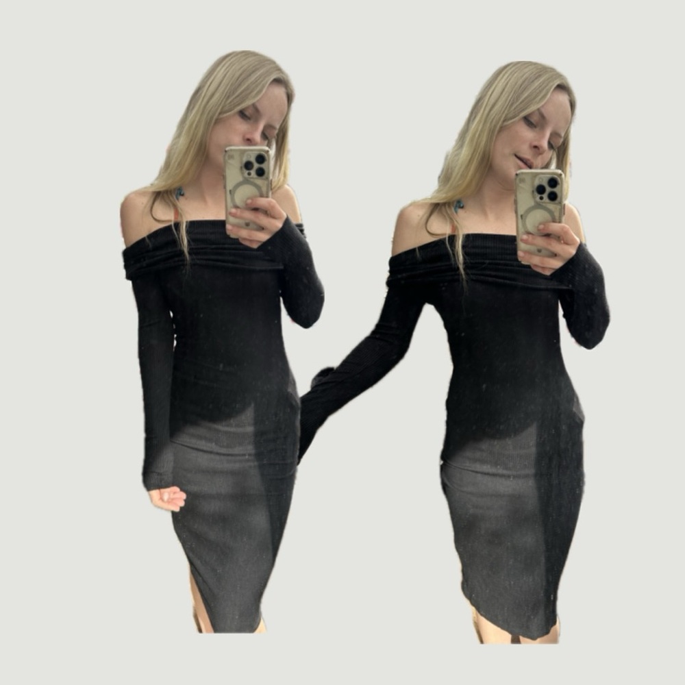 Zara Black Off-Shoulder Ribbed Long Sleeve Dress